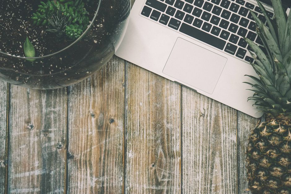 Flat lay of a laptop, pineapple, and plant on a rustic wooden table. Ideal for tech and lifestyle themes.